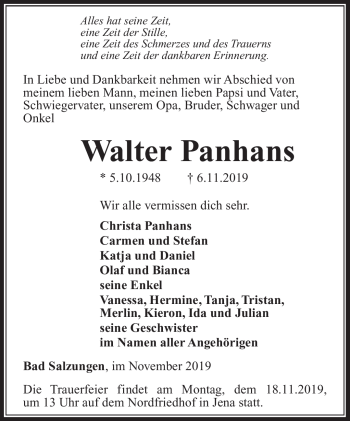 Traueranzeige von Walter Panhans von Südthüringer Presse