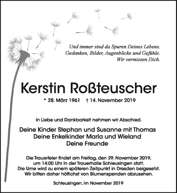 Traueranzeige von Kerstin Roßteuscher von Südthüringer Presse