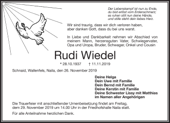 Traueranzeige von Rudi Wiedel von Frankenpost