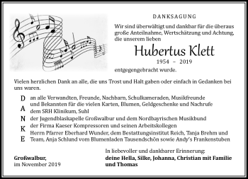 Traueranzeige von Hubertus Klett von Südthüringer Presse