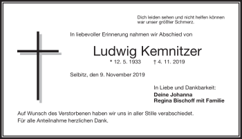 Traueranzeige von Ludwig Kemnitzer von Frankenpost