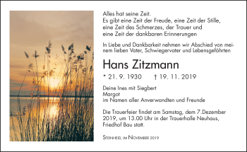 Traueranzeige von Hans Zitzmann von Südthüringer Presse