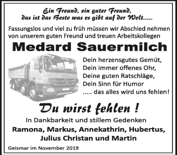 Traueranzeige von Medard Sauermilch von Südthüringer Presse