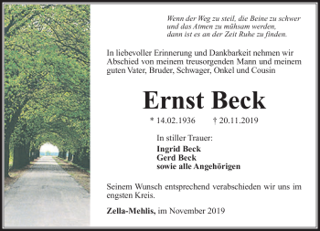 Traueranzeige von Ernst Beck von Südthüringer Presse