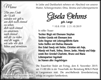 Traueranzeige von Gisela Oehms von Südthüringer Presse