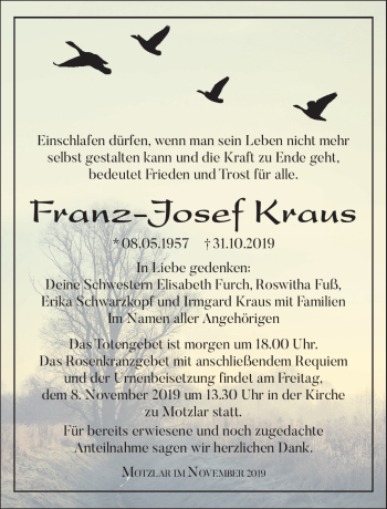 Traueranzeige von Franz-Josef Kraus von Südthüringer Presse