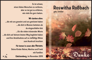 Traueranzeige von Roswitha Roßbach von Südthüringer Presse
