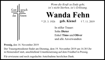 Traueranzeige von Wanda Fehn von Neue Presse Coburg