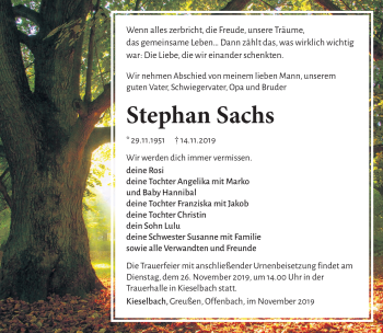 Traueranzeige von Stephan Sachs von Südthüringer Presse