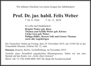 Traueranzeige von Felix Weber von Südthüringer Presse