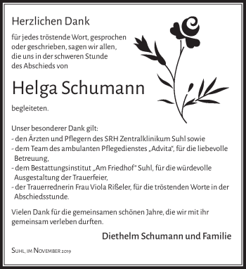 Traueranzeige von Helga Schumann von Südthüringer Presse