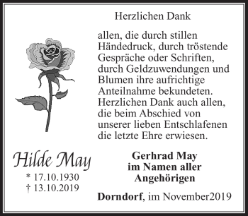 Traueranzeige von Hilde May von Südthüringer Presse