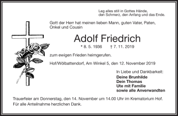 Traueranzeige von Adolf Friedrich von Frankenpost