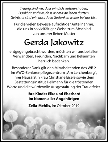 Traueranzeige von Gerda Jakowitz von Südthüringer Presse