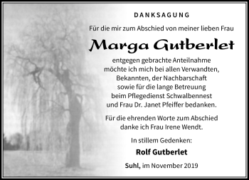 Traueranzeige von Marga Gutberlet von Südthüringer Presse