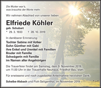 Traueranzeige von Elfriede Köhler von Südthüringer Presse