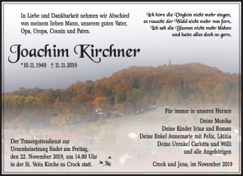 Traueranzeige von Joachim Kirchner von Südthüringer Presse
