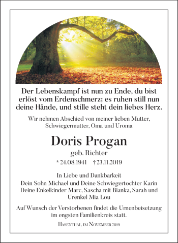Traueranzeige von Doris Progan von Südthüringer Presse