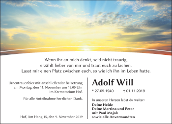 Traueranzeige von Adolf Will von Frankenpost