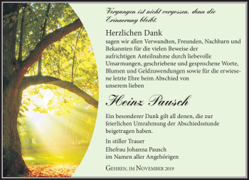 Traueranzeige von Heinz Pausch von Südthüringer Presse