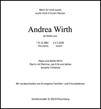 Traueranzeige von Andrea Wirth von Frankenpost