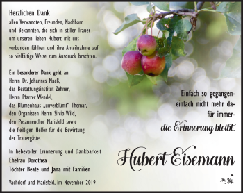 Traueranzeige von Hubert Eisemann von Südthüringer Presse