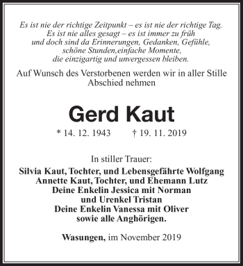 Traueranzeige von Gerd Kaut von Südthüringer Presse