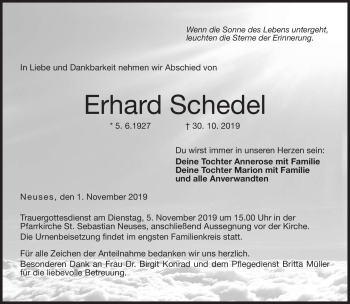 Traueranzeige von Erhard Schedel von Neue Presse Coburg