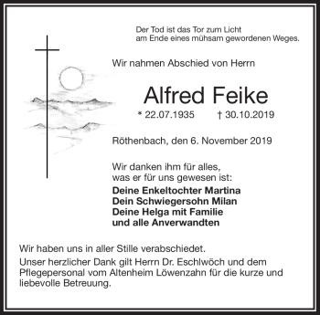 Traueranzeige von Alfred Feike von Frankenpost