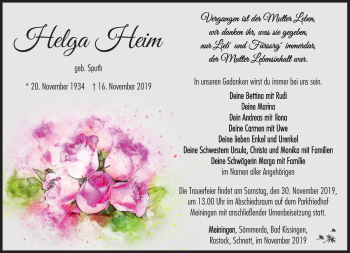 Traueranzeige von Helga Heim von Südthüringer Presse