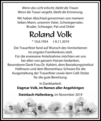 Traueranzeige von Roland Volk von Südthüringer Presse