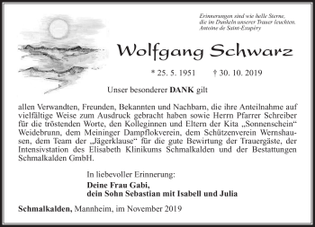 Traueranzeige von Wolfgang Schwarz von Südthüringer Presse