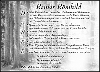 Traueranzeige von Reiner Römhild von Südthüringer Presse