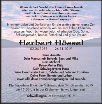 Traueranzeige von Herbert Hössel von Südthüringer Presse