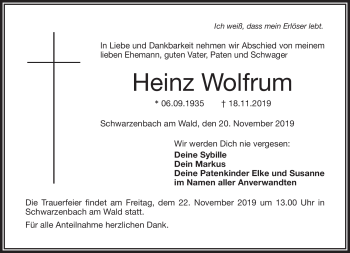 Traueranzeige von Heinz Wolfrum von Frankenpost