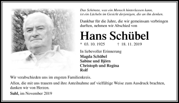 Traueranzeige von Hans Schübel von Südthüringer Presse