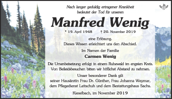 Traueranzeige von Manfred Wenig von Südthüringer Presse