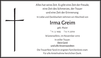 Traueranzeige von Irma Greim von Frankenpost