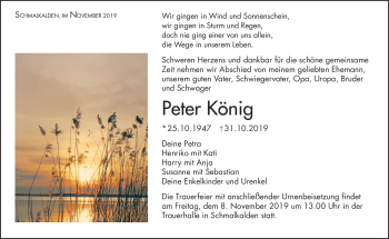 Traueranzeige von Peter König von Südthüringer Presse