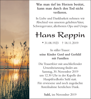 Traueranzeige von Hans Repping von Südthüringer Presse