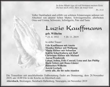 Traueranzeige von Luzie Kauffmann von Südthüringer Presse