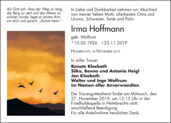 Traueranzeige von Irma Hoffmann von Frankenpost