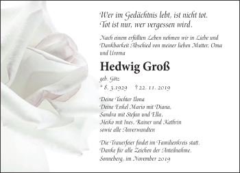 Traueranzeige von Hedwig Groß von Südthüringer Presse