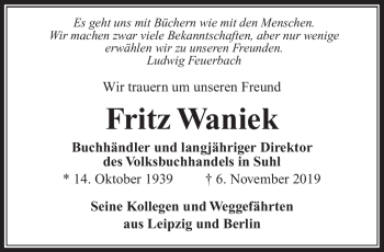 Traueranzeige von Fritz Waniek von Südthüringer Presse