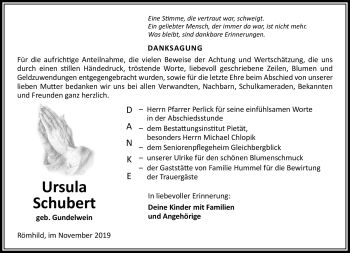 Traueranzeige von Ursula Schubert von Südthüringer Presse