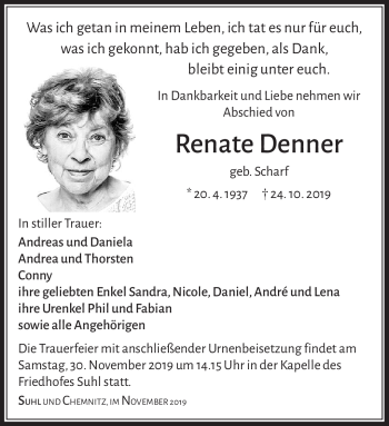 Traueranzeige von Renate Denner von Südthüringer Presse