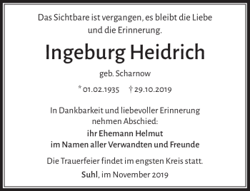 Traueranzeige von Ingeburg Heidrich von Südthüringer Presse