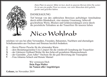 Traueranzeige von Nico Wohlrabe von Südthüringer Presse