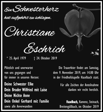 Traueranzeige von Christiane Eschrich von Südthüringer Presse