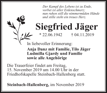 Traueranzeige von Siegfried Jäger von Südthüringer Presse